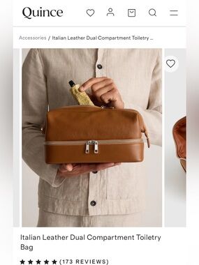 NWT QUINCE Italian Leather Dual Compartment Toiletry Bag. Color Cognac